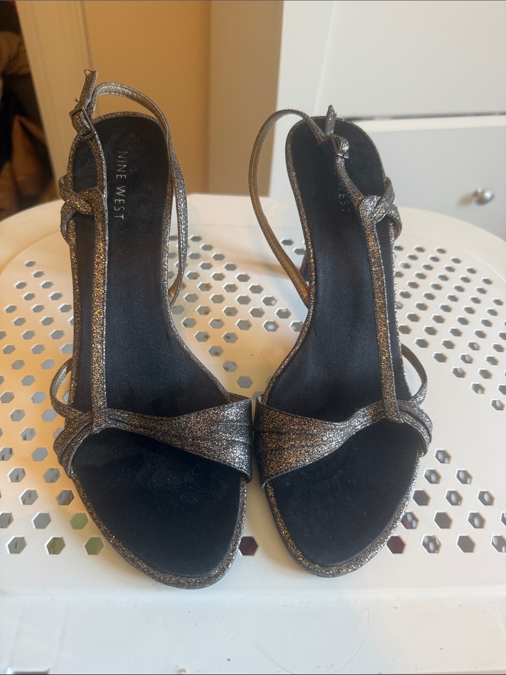 Nine West Silver T-Strap Glitter Heels